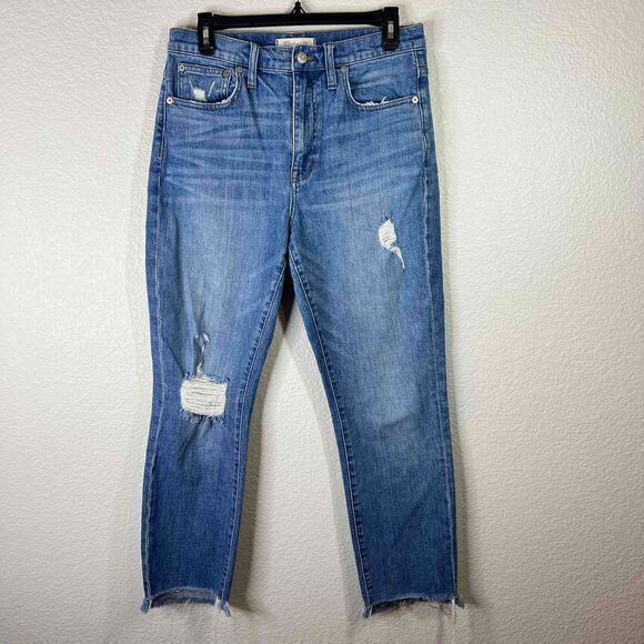 Madewell The High‎ Rise Slim Boyjean Womens Distressed Frayed Hem Jeans Size 27 - Picture 1 of 9
